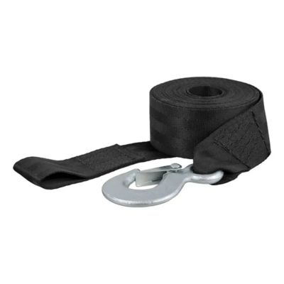 Black nylon winch strap with a durable metal hook designed for heavy-duty towing and cargo securing.
