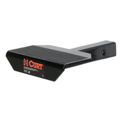 Black CURT non-skid trailer hitch step for 2-inch receiver, featuring durable construction and safety grip surface.