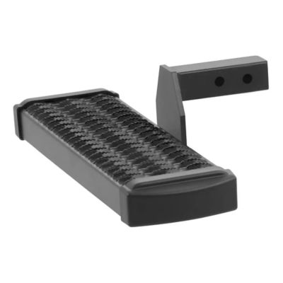 Black hitch step with textured surface for secure grip, designed to fit 2-inch receivers, featuring a convenient drop design.