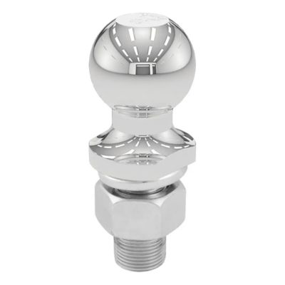 Shiny chrome trailer hitch ball with hex nut, reflecting a clean, polished finish ideal for vehicle towing needs.