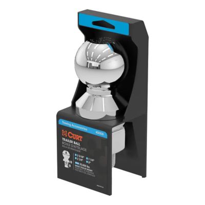 Chrome trailer hitch ball by CURT, featuring sturdy design, in retail packaging, suitable for 2,000 lbs towing capacity.