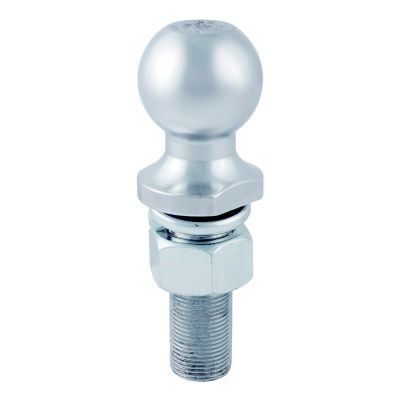 Chrome trailer hitch ball with a polished finish, featuring a threaded shank and hex nut for secure towing connections.