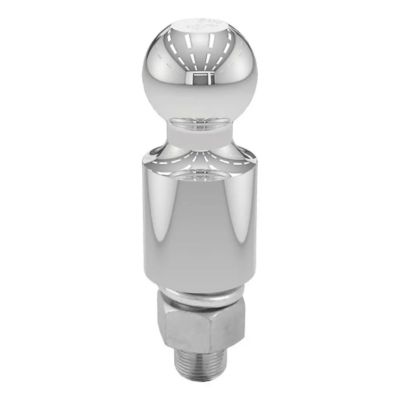 Chrome trailer hitch ball with reflective finish and threaded shank, designed for strength and durability in towing.