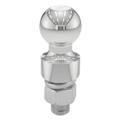 Chrome trailer hitch ball with shiny surface, featuring a robust shank and spherical top for secure towing connection.