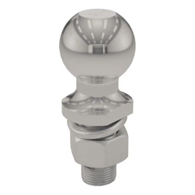 Stainless steel trailer hitch ball with smooth finish, designed for strength and durability in towing applications.