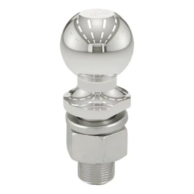 Stainless steel trailer hitch ball with polished finish and sturdy shank, designed for heavy-duty towing applications.