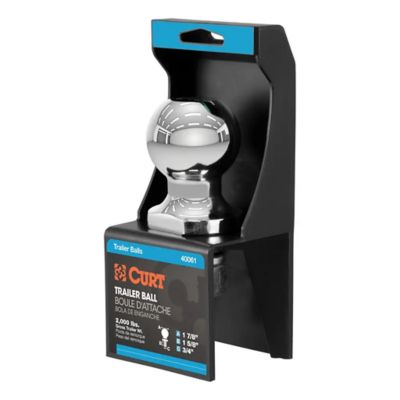 Chrome trailer hitch ball by CURT in packaging, suitable for 2,000 lbs towing, features a polished finish.