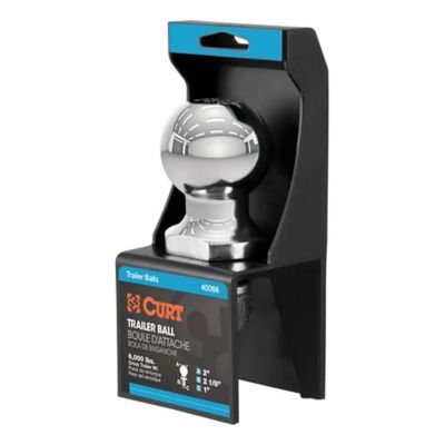 Chrome trailer hitch ball with blue and black packaging, CURT 40066 model, displaying weight capacity and size info.