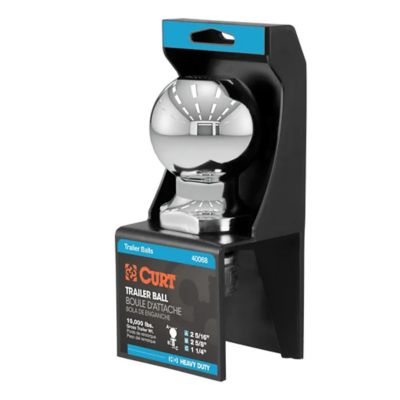 Chrome trailer hitch ball by CURT with packaging, featuring a shiny, spherical design and heavy-duty weight capacity.