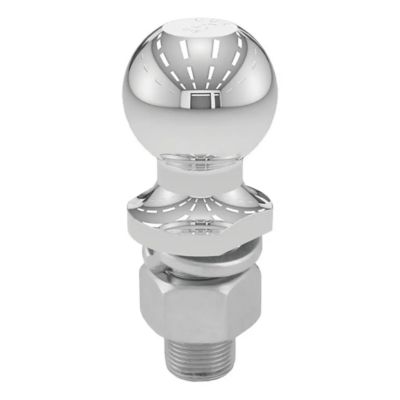Shiny chrome trailer hitch ball with a sturdy shank, designed for towing heavy loads up to 7,500 lbs.