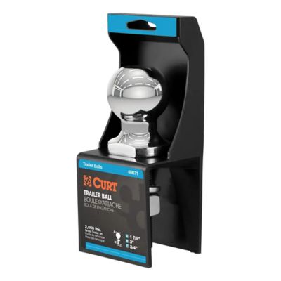 Chrome trailer hitch ball in packaging, CURT 40071, 2,000 lbs capacity, with blue and black label, for secure towing.