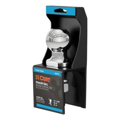 Chrome trailer hitch ball by CURT, featuring a sleek design, packaged for heavy-duty towing with a polished finish.