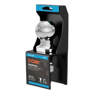 Shiny chrome trailer hitch ball by CURT, displayed in packaging, designed for towing up to 3,500 lbs with 2-inch diameter.