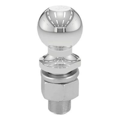 Chrome trailer hitch ball with a shiny, reflective finish and a durable shank, designed for heavy-duty towing tasks.