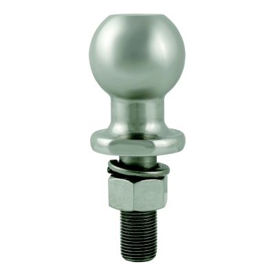 Stainless steel trailer hitch ball with smooth finish and sturdy shank, ideal for towing applications.