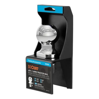 Chrome hitch ball for ATV, UTV, and lawn tractors by CURT, packaged in display box, supports up to 2000 lbs.
