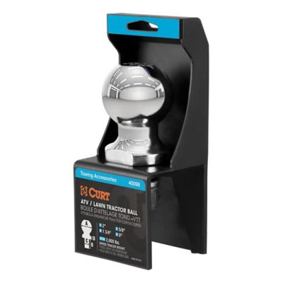 Chrome hitch ball for ATV, UTV, lawn tractor; CURT 40098, 2,000 lbs capacity, sleek design, packaged for sale.