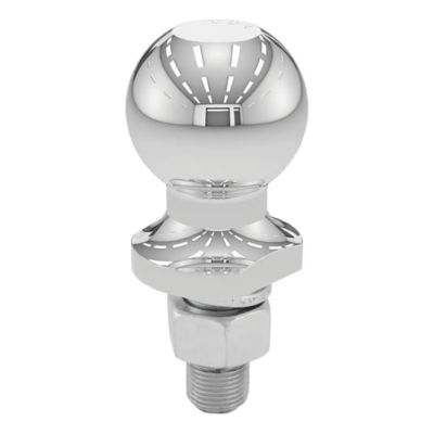 Shiny chrome trailer hitch ball with a reflective surface and durable shank, suitable for towing needs.