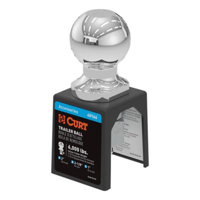 Chrome trailer hitch ball for 6,000 lbs towing by CURT, displayed on packaging with specifications highlighted.