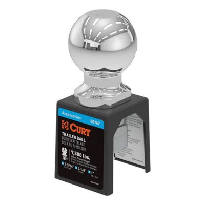 Chrome trailer hitch ball with packaging, supports up to 7,500 lbs, featuring CURT branding and specifications.