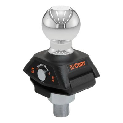 Chrome trailer ball with black cushioned base, featuring CURT and RockerBall logos, designed for heavy-duty towing.