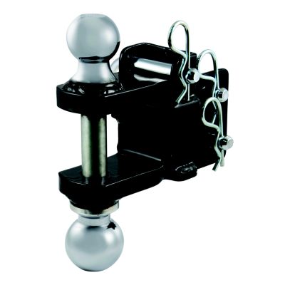Replacement head for adjustable trailer hitch ball mount, featuring dual chrome balls and sturdy black frame.