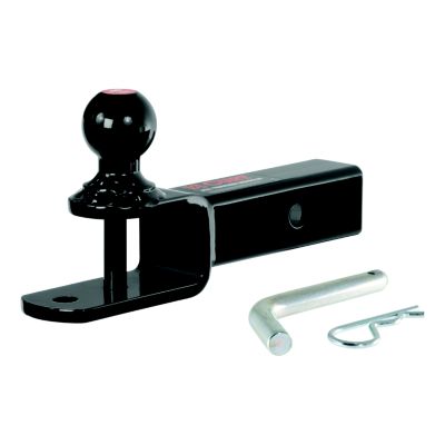 3-in-1 ATV trailer hitch mount with ball, clevis pin, and hole for 2-inch receiver, shown on a white background.