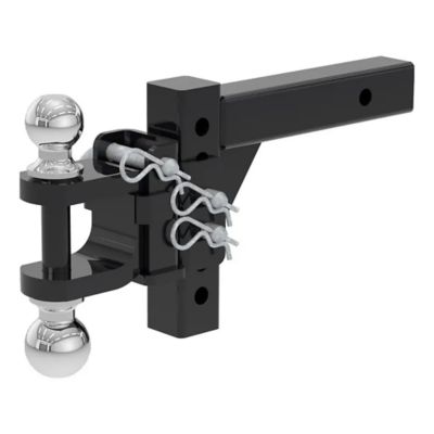 Adjustable trailer hitch ball mount with dual chrome balls and pins, fits 2-inch receiver, supports up to 10,000 lbs.