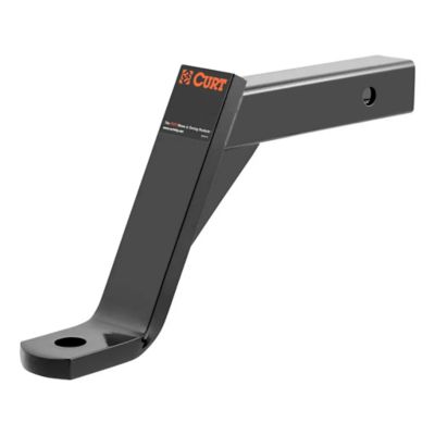 Trailer hitch drop ball mount, black steel, designed for 2-inch receiver, with visible drop feature and hole for securing.