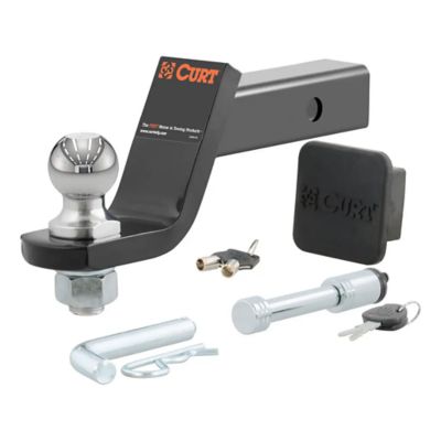 Trailer hitch mount set with 2-inch ball, receiver cap, locking pin, clip, and keys, suitable for towing up to 7,500 lbs.