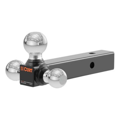 Tri-ball trailer hitch ball mount with polished chrome balls, fits 2-inch receiver, holds up to 10,000 lbs.