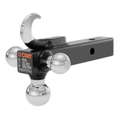 CURT multi-ball trailer hitch with tow hook, featuring three chrome balls, compatible with 2-inch receiver.