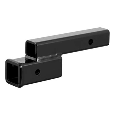 Trailer hitch adapter with a black finish, featuring dual receivers and bolt holes for versatile towing applications.