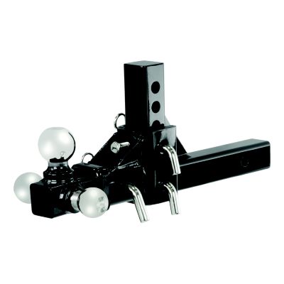 Adjustable trailer hitch ball mount with three balls and robust design, fits 2-inch receiver, sleek black finish.