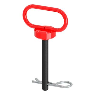 Red rubber-coated handle clevis pin hitch with securing clip, ideal for towing and trailer applications.
