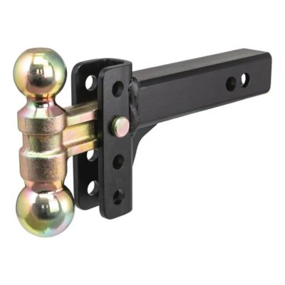 Slim adjustable trailer hitch ball mount with dual balls, black metal finish, fits 2-inch receiver, supports heavy loads.