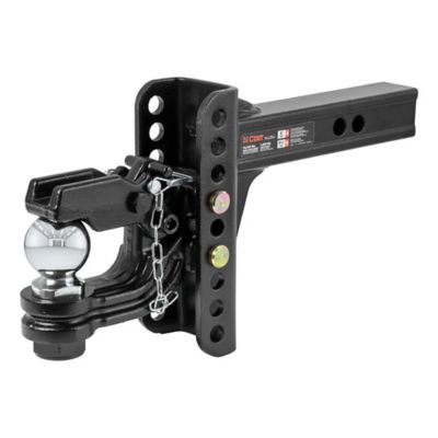 Adjustable pintle hitch combination with tow ball, black finish, and chain for towing, featuring multiple pin holes.