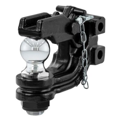 Heavy-duty pintle hitch with a 2-inch chrome ball, featuring a secure chain latch for towing up to 10,000 lbs.