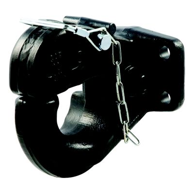 Heavy-duty pintle hook hitch with chain, designed for 20,000 lbs capacity and lunette ring compatibility.