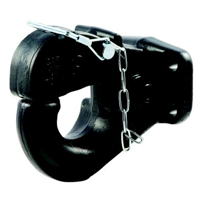 Heavy-duty pintle hook hitch with durable black finish, featuring secure latch and chain for towing applications.