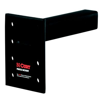 Adjustable black pintle mount for 2-inch hitch receiver, featuring multiple hitch pin holes and CURT branding.
