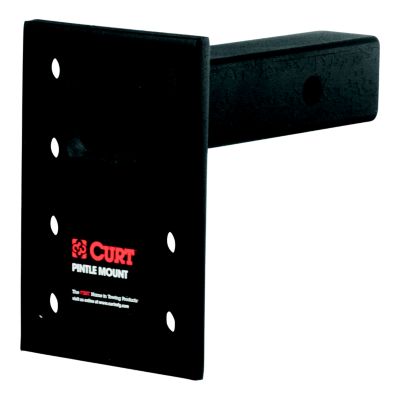 Adjustable CURT pintle mount for 2-inch hitch receiver, features durable black design and multiple holes for versatile towing.