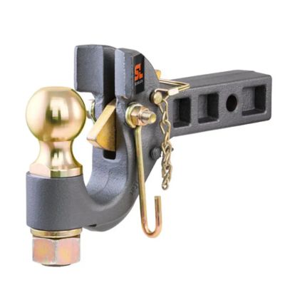 SecureLatch receiver-mount hitch with ball and pintle combination, featuring a sturdy build and security features.