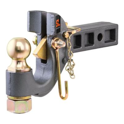 Receiver-mount ball and pintle hitch with secure latch, ideal for heavy-duty towing, featuring a rugged 2-inch shank design.