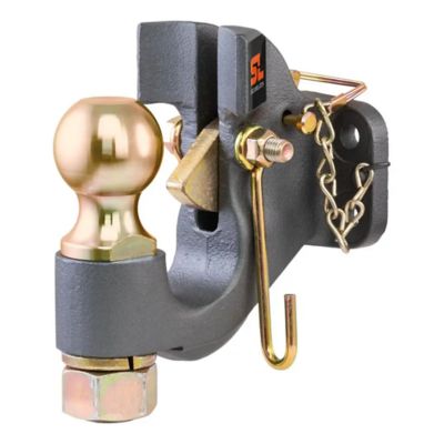 CURT SecureLatch ball and pintle hitch combination with chain, designed for heavy-duty towing.