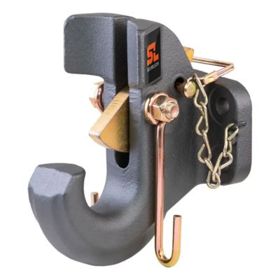SecureLatch Pintle Hook by CURT with robust design and gold accents, ideal for heavy-duty towing.