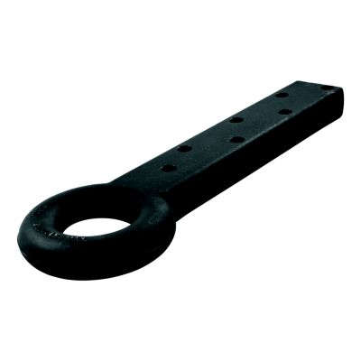 Black steel pintle hitch lunette ring with multiple mounting holes, designed for strong towing capacity up to 22,000 lbs.