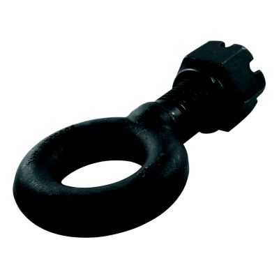 Black steel pintle hitch lunette ring with swivel castle nut, ideal for heavy-duty towing, 45,000 lbs capacity.