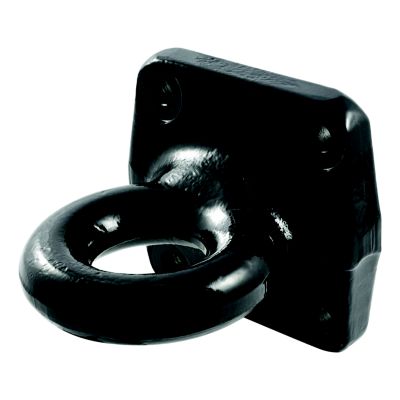 Black steel pintle hitch lunette ring with bolt pattern design, ideal for heavy-duty towing needs.