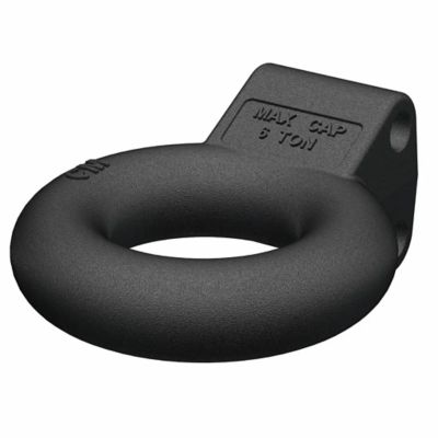 Black steel pintle hitch lunette ring with a sturdy design and channel mount requirement, ideal for heavy-duty towing.